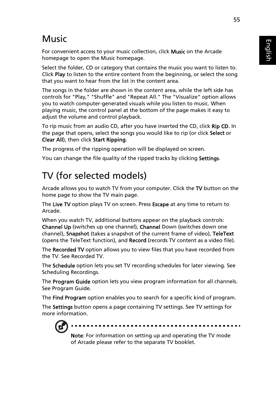 Music, Tv (for selected models), Time-shift functionality | Acer Aspire 4520 User Manual | Page 73 / 113