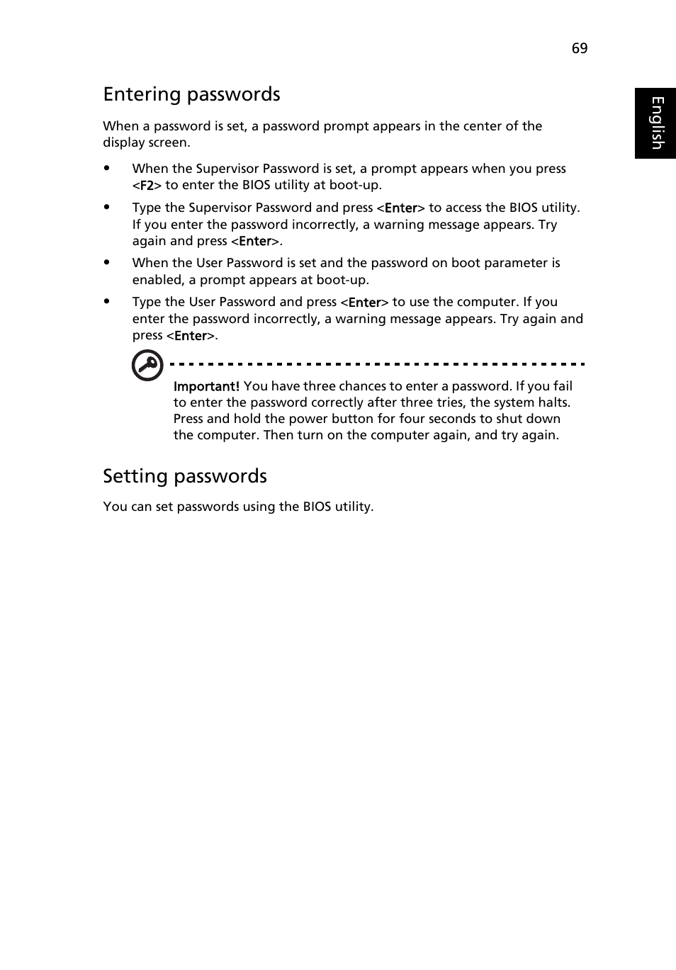 Entering passwords, Setting passwords | Acer Aspire 4520 User Manual | Page 87 / 113