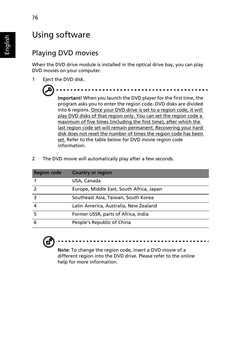 Using software, Playing dvd movies | Acer Aspire 4520 User Manual | Page 94 / 113
