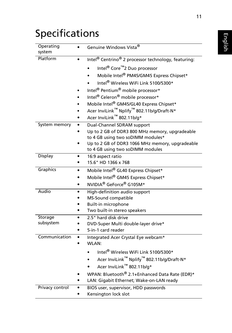 Specifications, Eng lis h | Acer Extensa 5635Z User Manual | Page 11 / 12