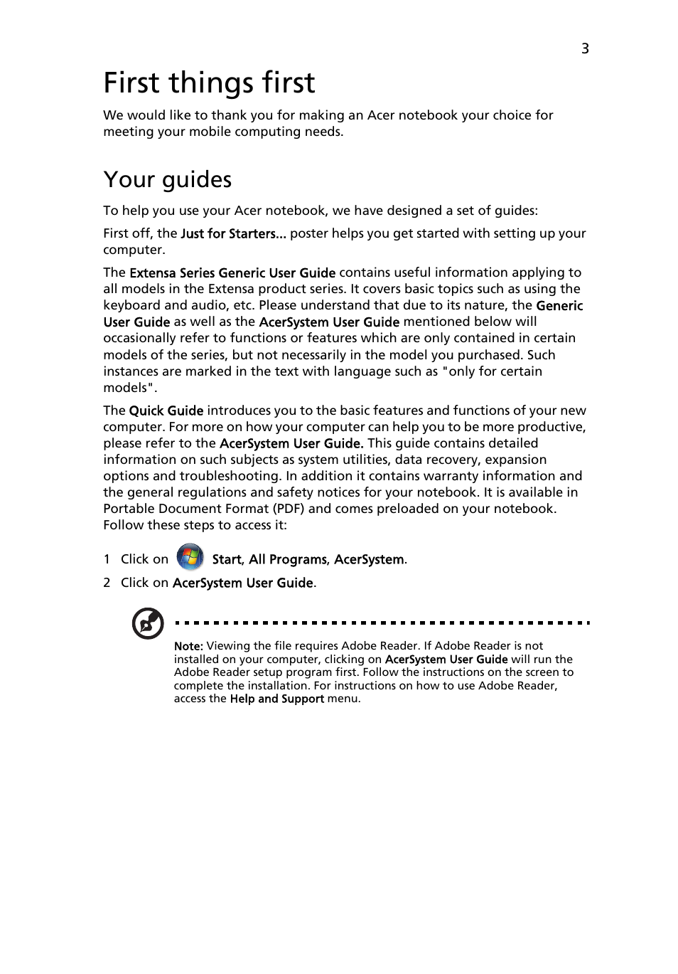 First things first, Your guides | Acer Extensa 5635Z User Manual | Page 3 / 12