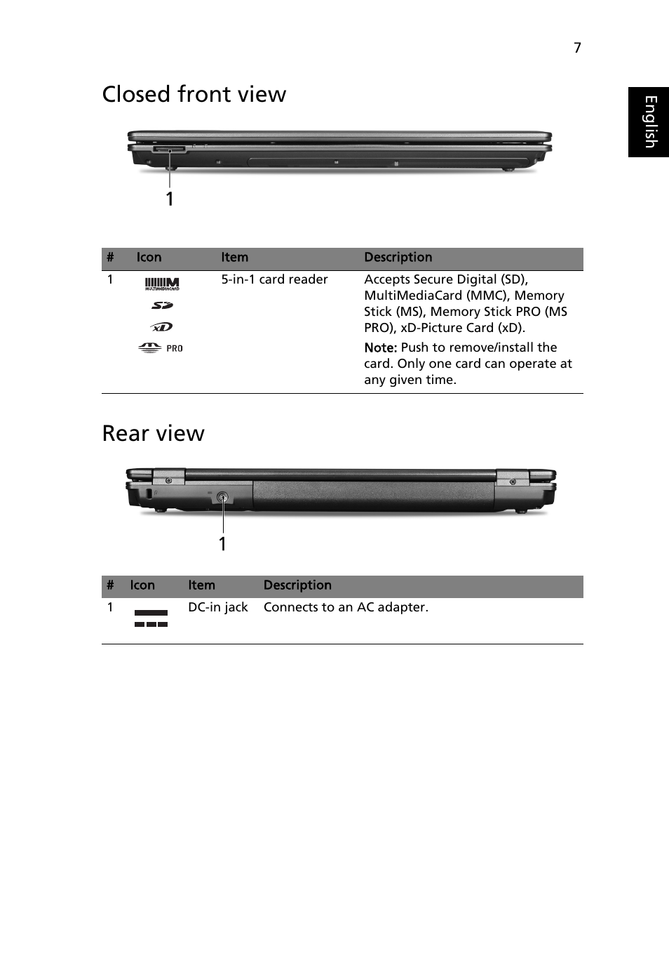 Closed front view, Rear view, Closed front view rear view | Acer Extensa 5635Z User Manual | Page 7 / 12