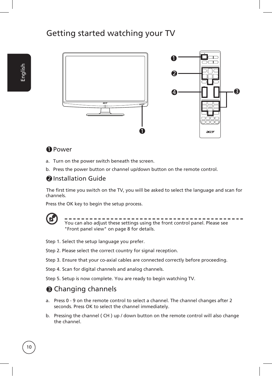 Getting started watching your tv, Changing channels | Acer AT2326ML User Manual | Page 10 / 39