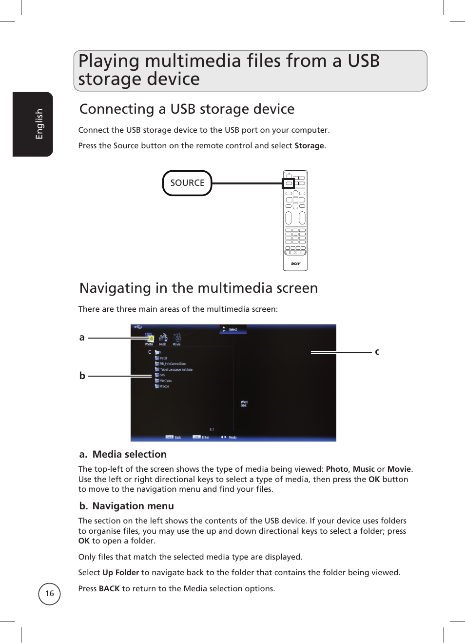 Playing multimedia files from a usb storage device, Connecting a usb storage device, Navigating in the multimedia screen | Acer AT2326ML User Manual | Page 16 / 39