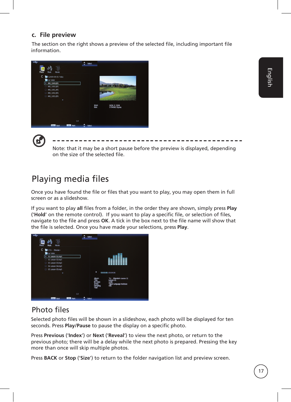 Playing media files, Photo files | Acer AT2326ML User Manual | Page 17 / 39