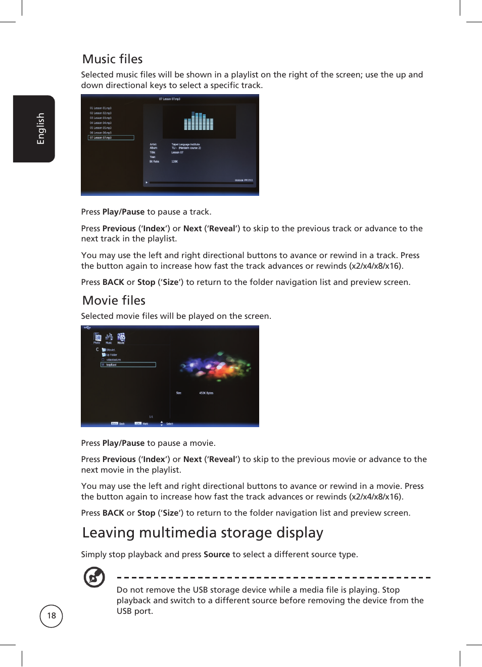 Leaving multimedia storage display, Music files, Movie files | Acer AT2326ML User Manual | Page 18 / 39