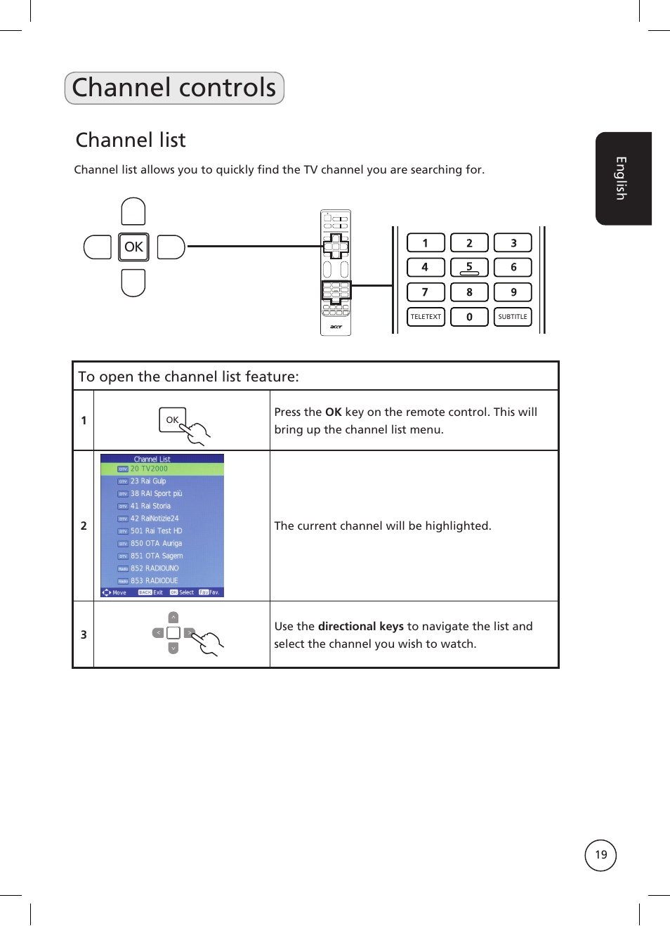 Channel controls, Channel list, English | Acer AT2326ML User Manual | Page 19 / 39