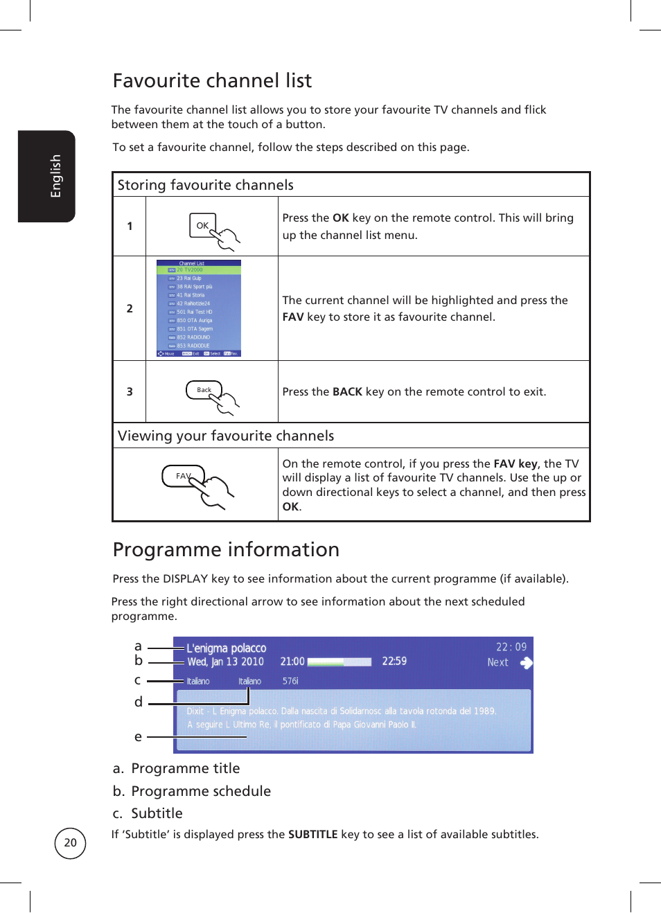 Favourite channel list, Programme information | Acer AT2326ML User Manual | Page 20 / 39