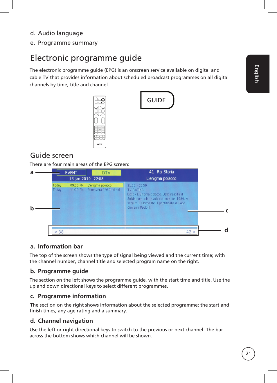 Electronic programme guide, Guide screen | Acer AT2326ML User Manual | Page 21 / 39