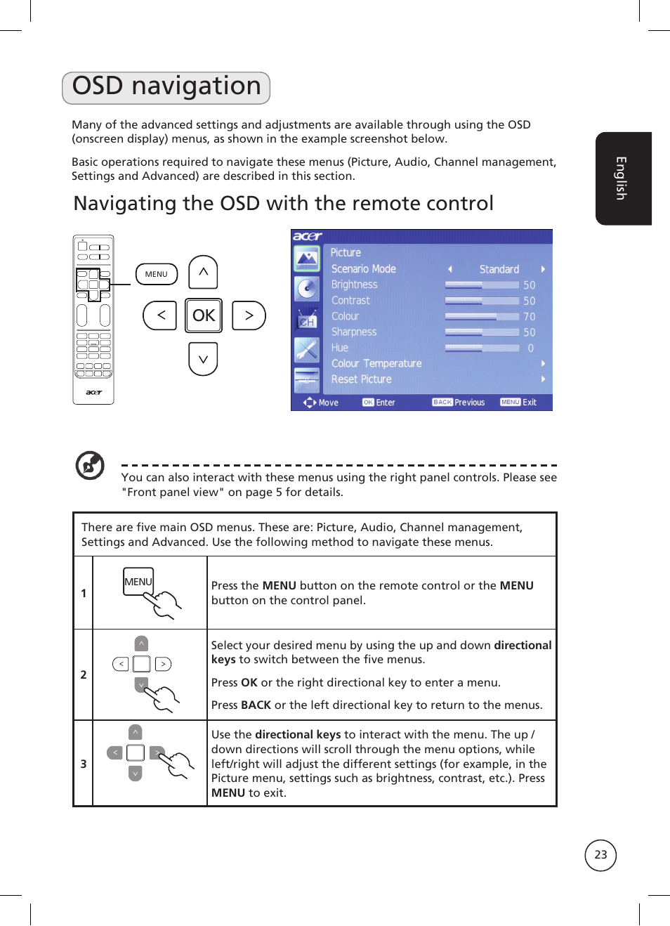 Osd navigation, Navigating the osd with the remote control | Acer AT2326ML User Manual | Page 23 / 39