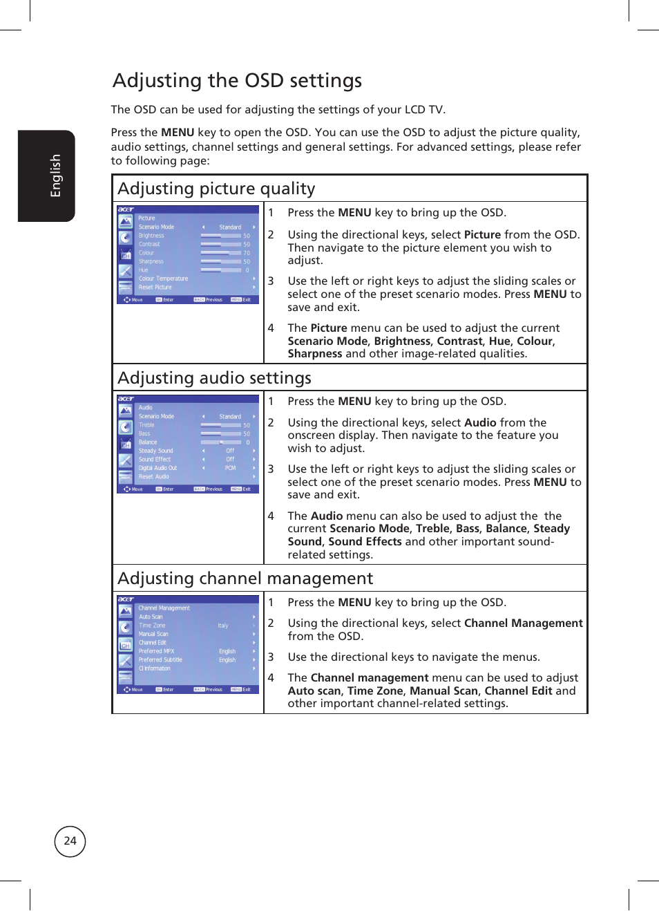 Adjusting the osd settings, Adjusting picture quality, Adjusting audio settings | Adjusting channel management | Acer AT2326ML User Manual | Page 24 / 39