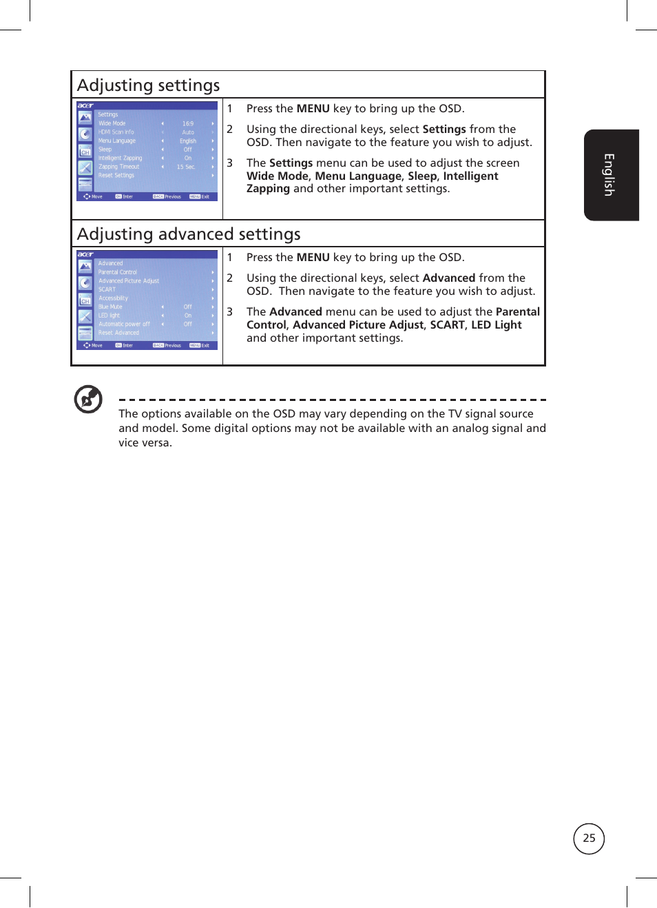 Adjusting settings, Adjusting advanced settings | Acer AT2326ML User Manual | Page 25 / 39