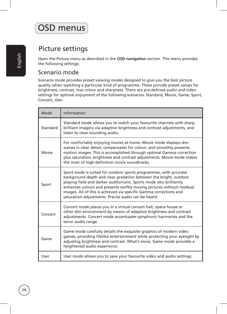 Osd menus, Picture settings, Scenario mode | Acer AT2326ML User Manual | Page 26 / 39