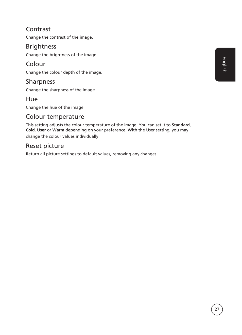 Contrast, Brightness, Colour | Sharpness, Colour temperature, Reset picture | Acer AT2326ML User Manual | Page 27 / 39