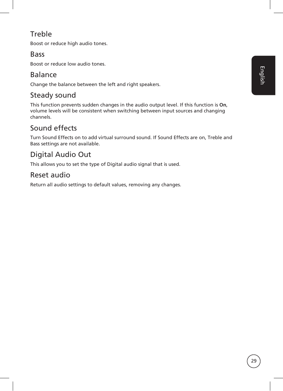 Treble, Bass, Balance | Steady sound, Sound effects, Digital audio out, Reset audio | Acer AT2326ML User Manual | Page 29 / 39