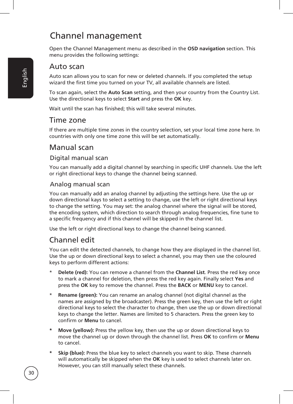 Channel management, Auto scan, Time zone | Manual scan, Channel edit | Acer AT2326ML User Manual | Page 30 / 39