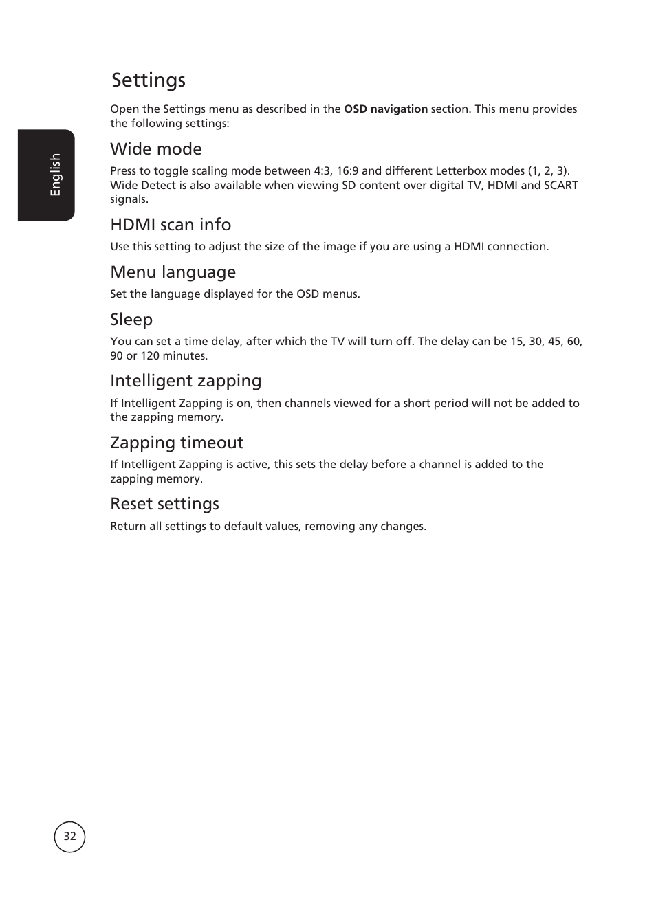 Settings, Wide mode, Hdmi scan info | Menu language, Sleep, Intelligent zapping, Zapping timeout, Reset settings | Acer AT2326ML User Manual | Page 32 / 39