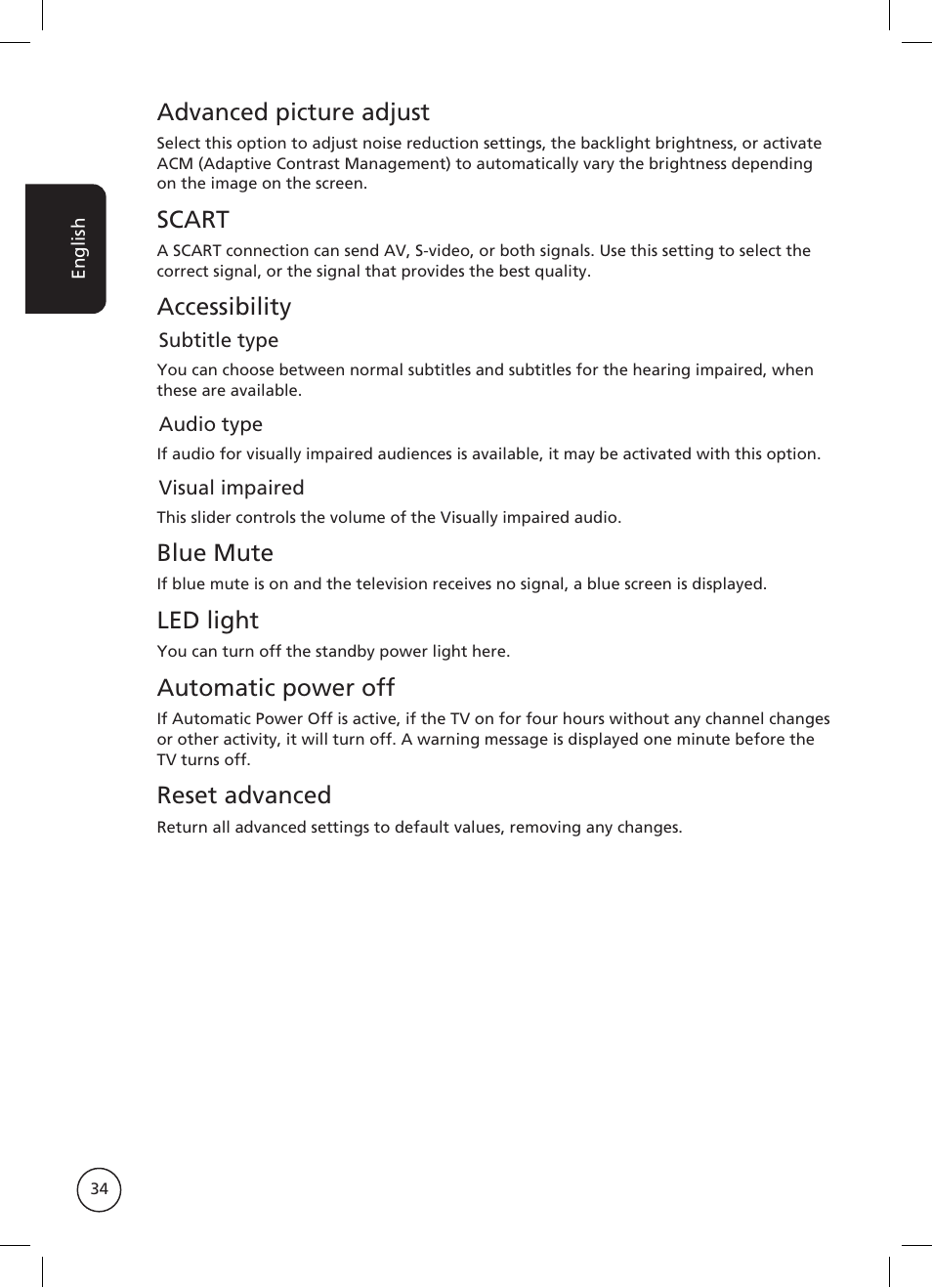 Advanced picture adjust, Scart, Accessibility | Blue mute, Led light, Automatic power off, Reset advanced | Acer AT2326ML User Manual | Page 34 / 39