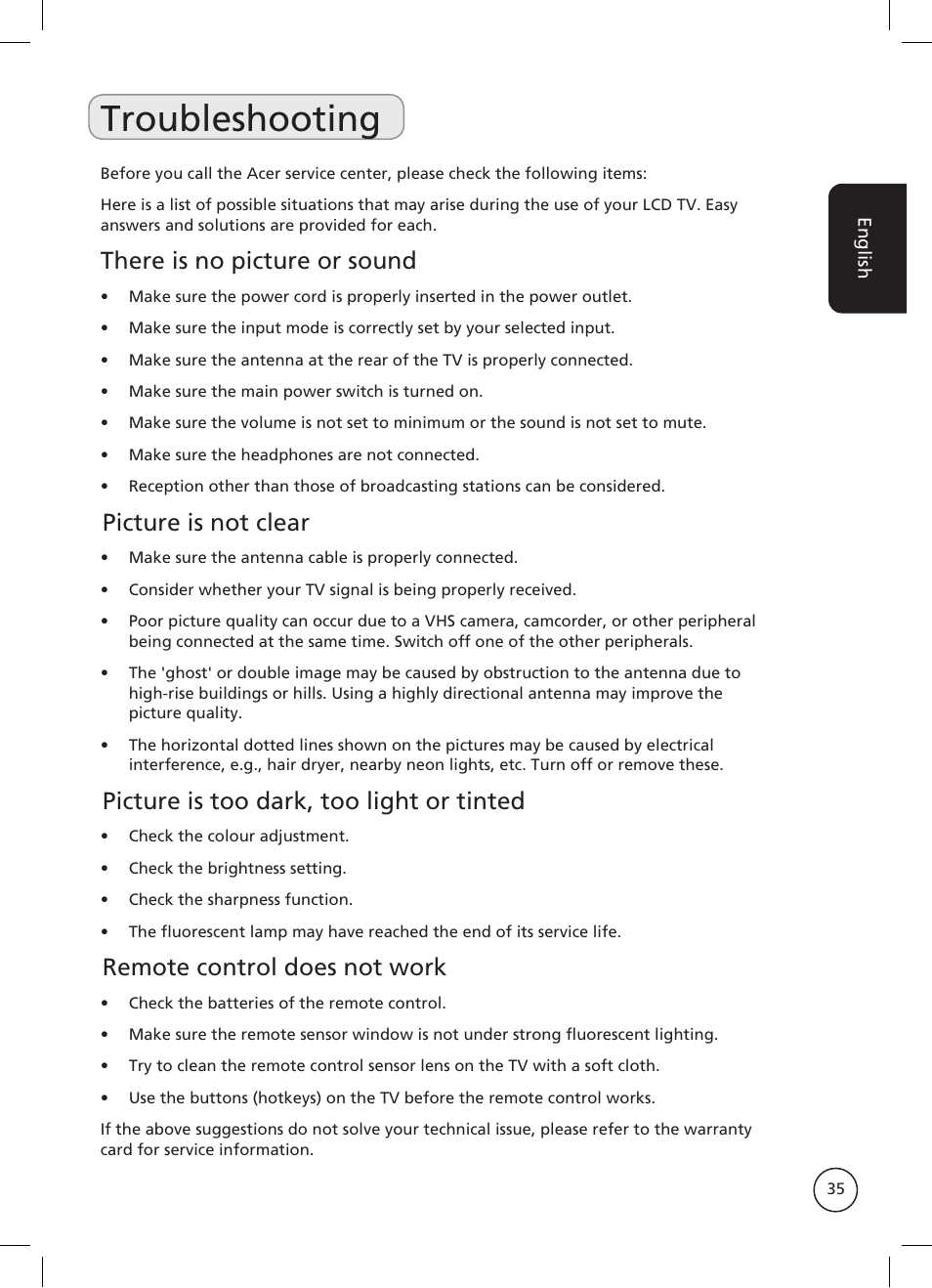 Troubleshooting, There is no picture or sound, Picture is not clear | Picture is too dark, too light or tinted, Remote control does not work | Acer AT2326ML User Manual | Page 35 / 39