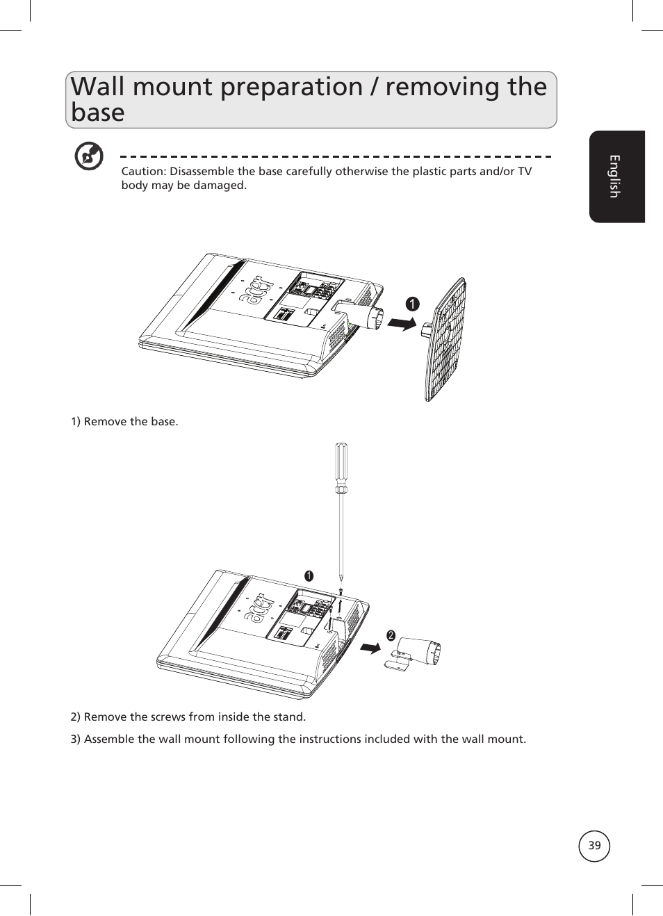 Wall mount preparation / removing the base | Acer AT2326ML User Manual | Page 39 / 39