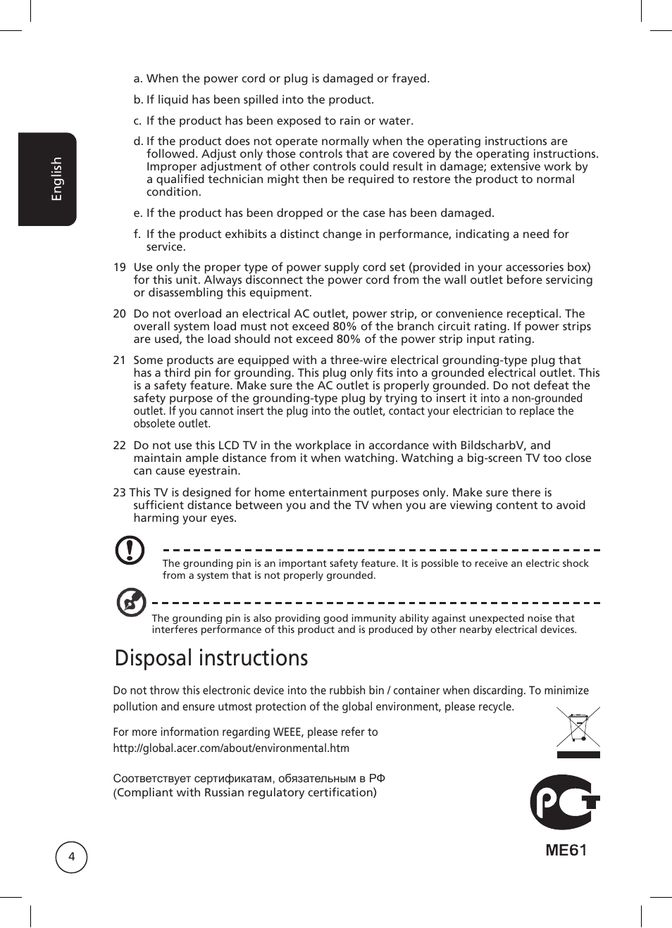 Disposal instructions | Acer AT2326ML User Manual | Page 4 / 39