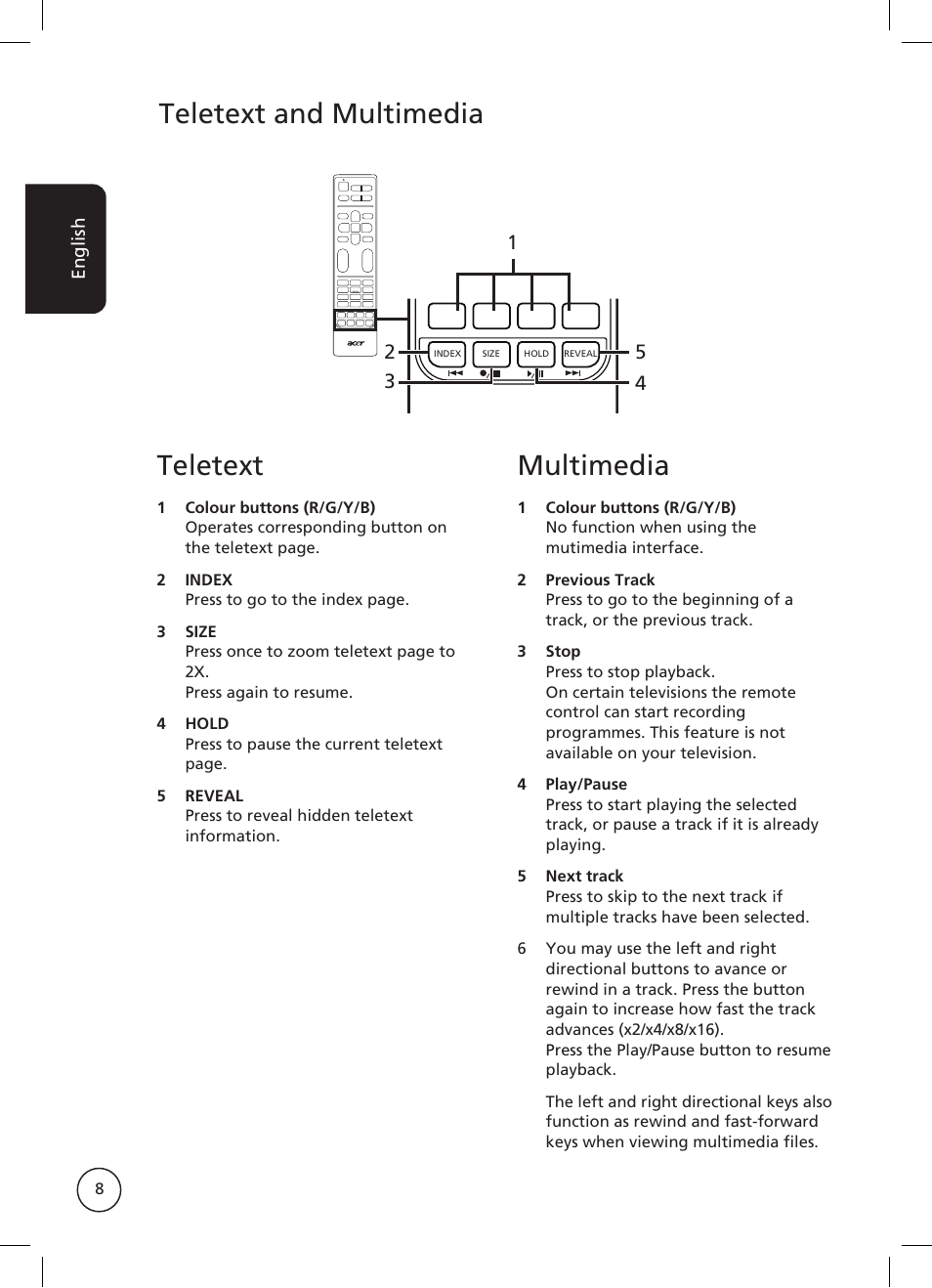 Teletext, Multimedia, Teletext and multimedia | Acer AT2326ML User Manual | Page 8 / 39