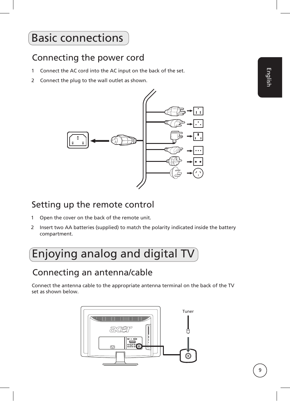 Basic connections enjoying analog and digital tv, Connecting the power cord, Connecting an antenna/cable | Setting up the remote control | Acer AT2326ML User Manual | Page 9 / 39