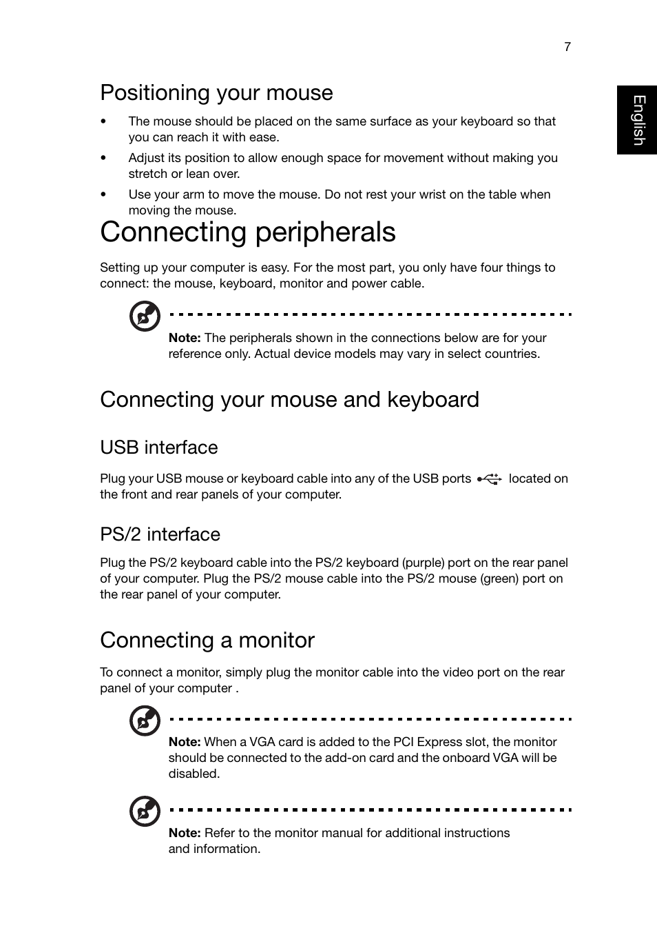 Positioning your mouse, Connecting peripherals, Connecting your mouse and keyboard | Connecting a monitor, Usb interface, Ps/2 interface | Acer Veriton T630_36 User Manual | Page 17 / 38