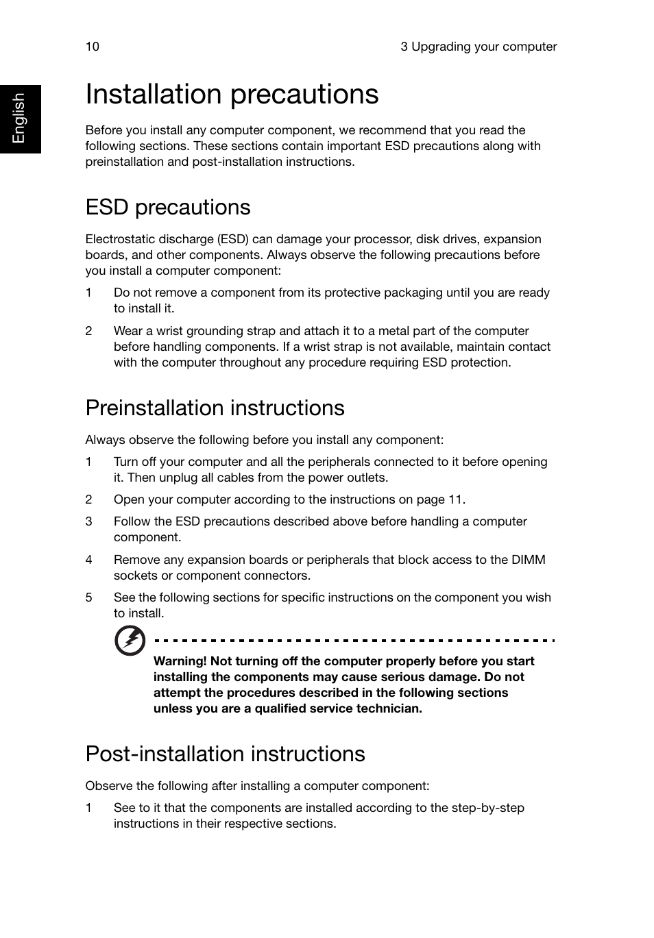 Installation precautions, Esd precautions, Preinstallation instructions | Post-installation instructions | Acer Veriton T630_36 User Manual | Page 20 / 38