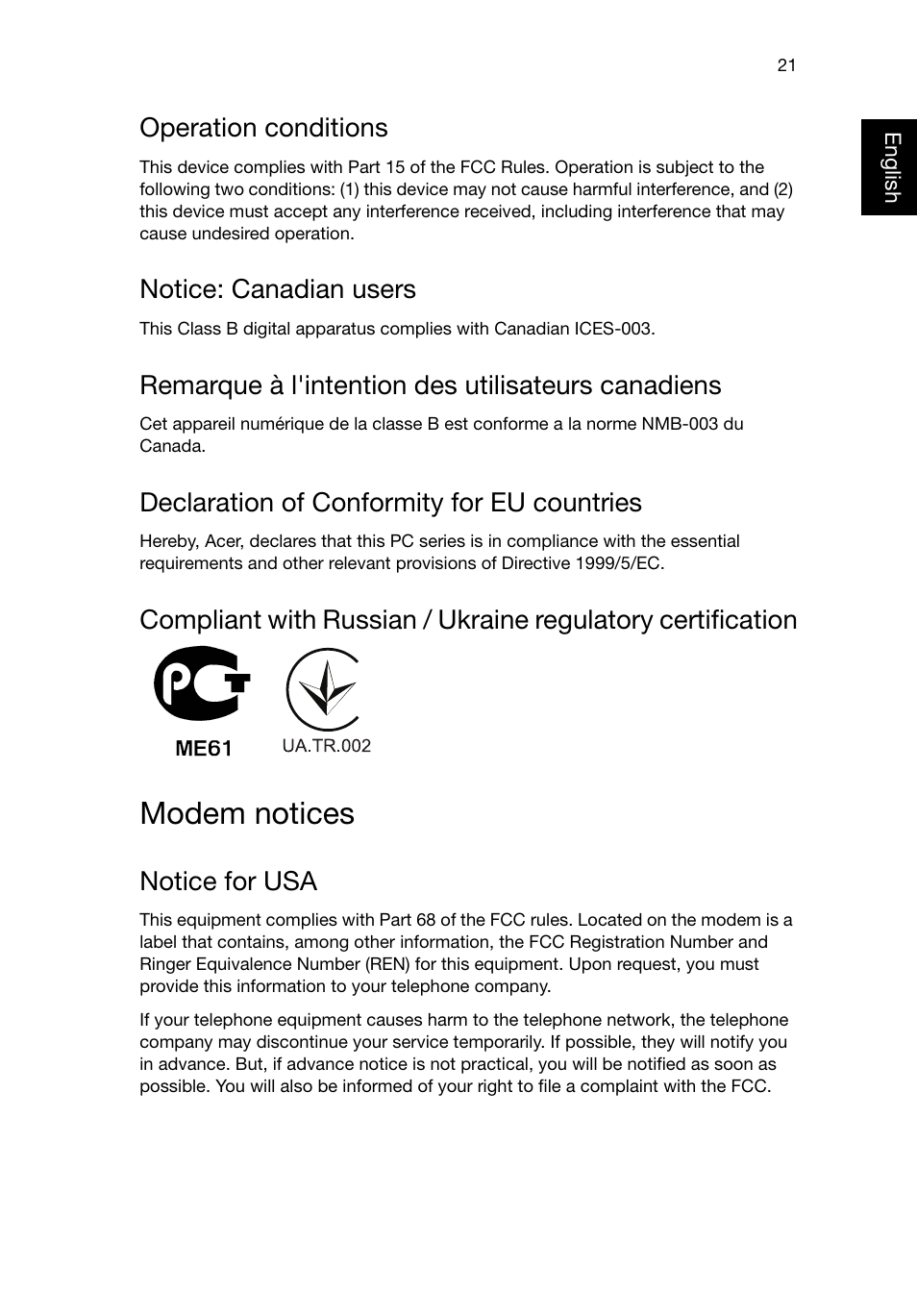 Modem notices, Operation conditions, Notice: canadian users | Remarque à l'intention des utilisateurs canadiens, Declaration of conformity for eu countries, Notice for usa | Acer Veriton T630_36 User Manual | Page 31 / 38