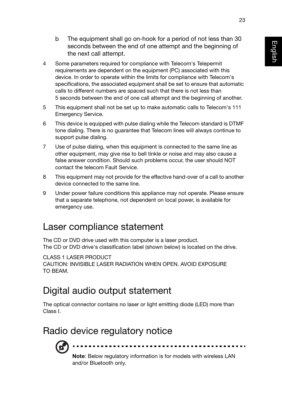 Laser compliance statement, Digital audio output statement, Radio device regulatory notice | Acer Veriton T630_36 User Manual | Page 33 / 38