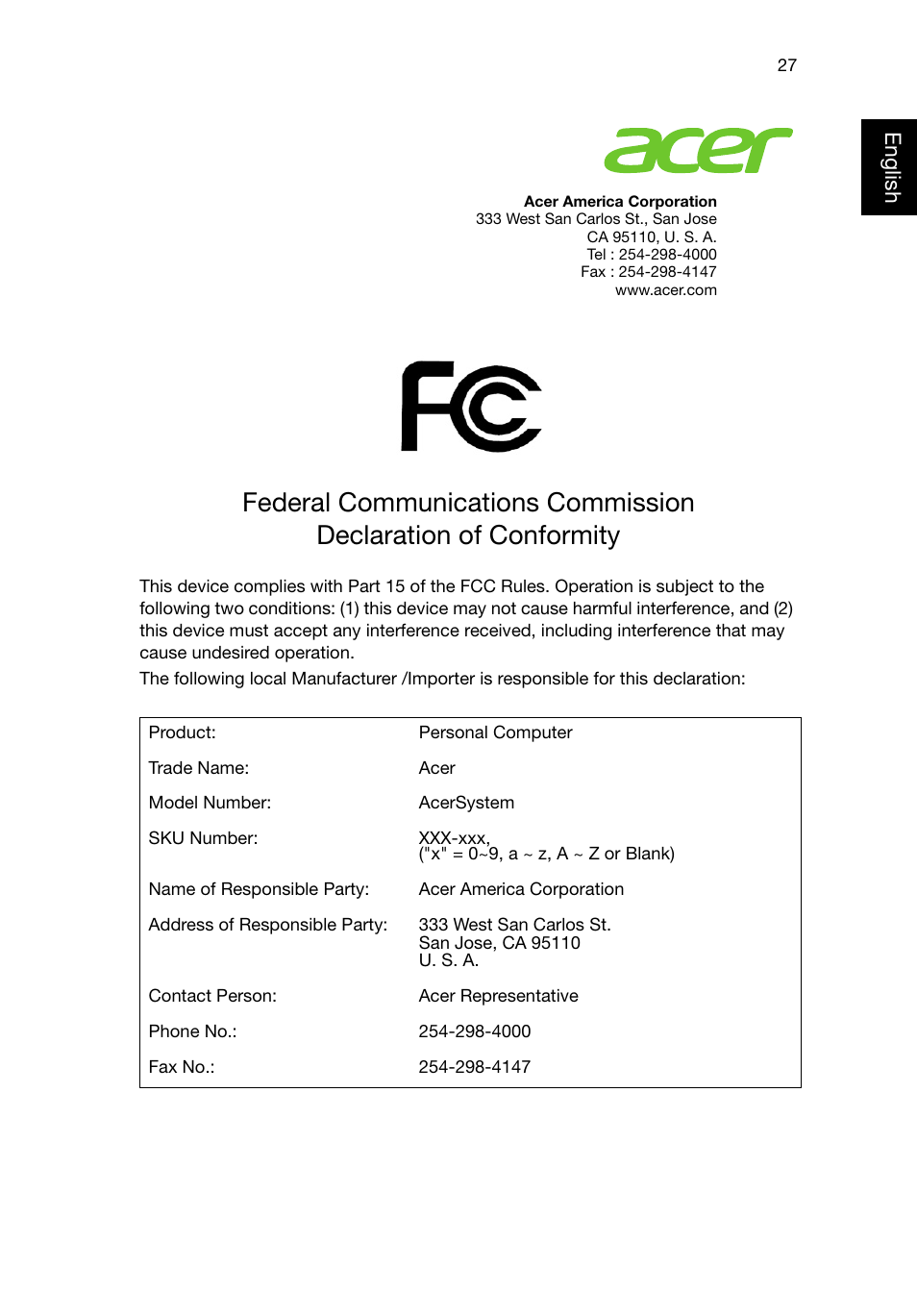 Federal communications commission, English | Acer Veriton T630_36 User Manual | Page 37 / 38