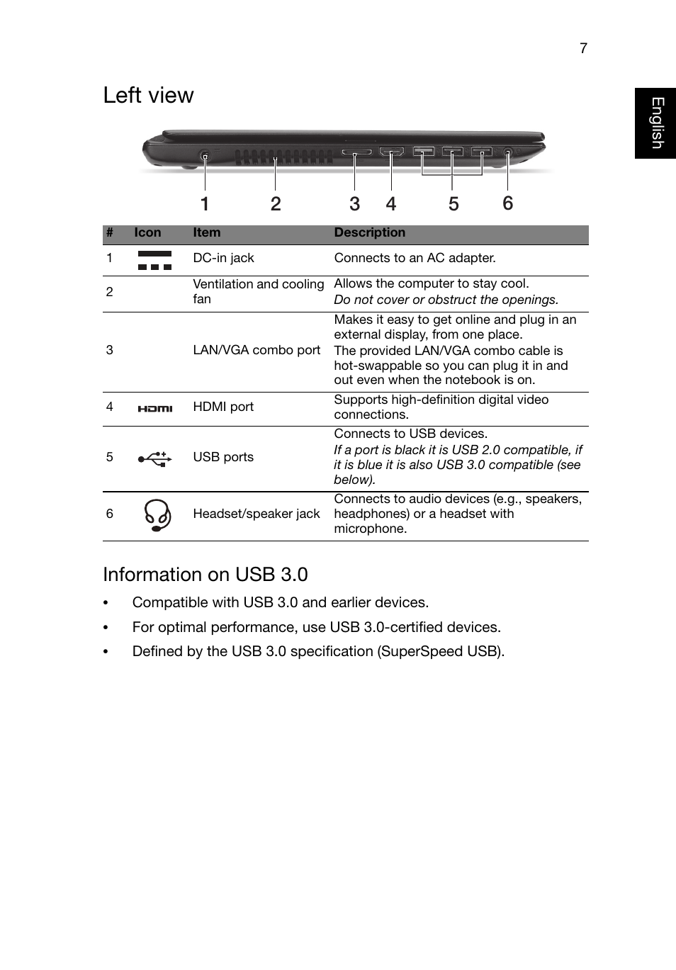 Left view, Information on usb 3.0 | Acer Aspire V5-531PG User Manual | Page 7 / 10