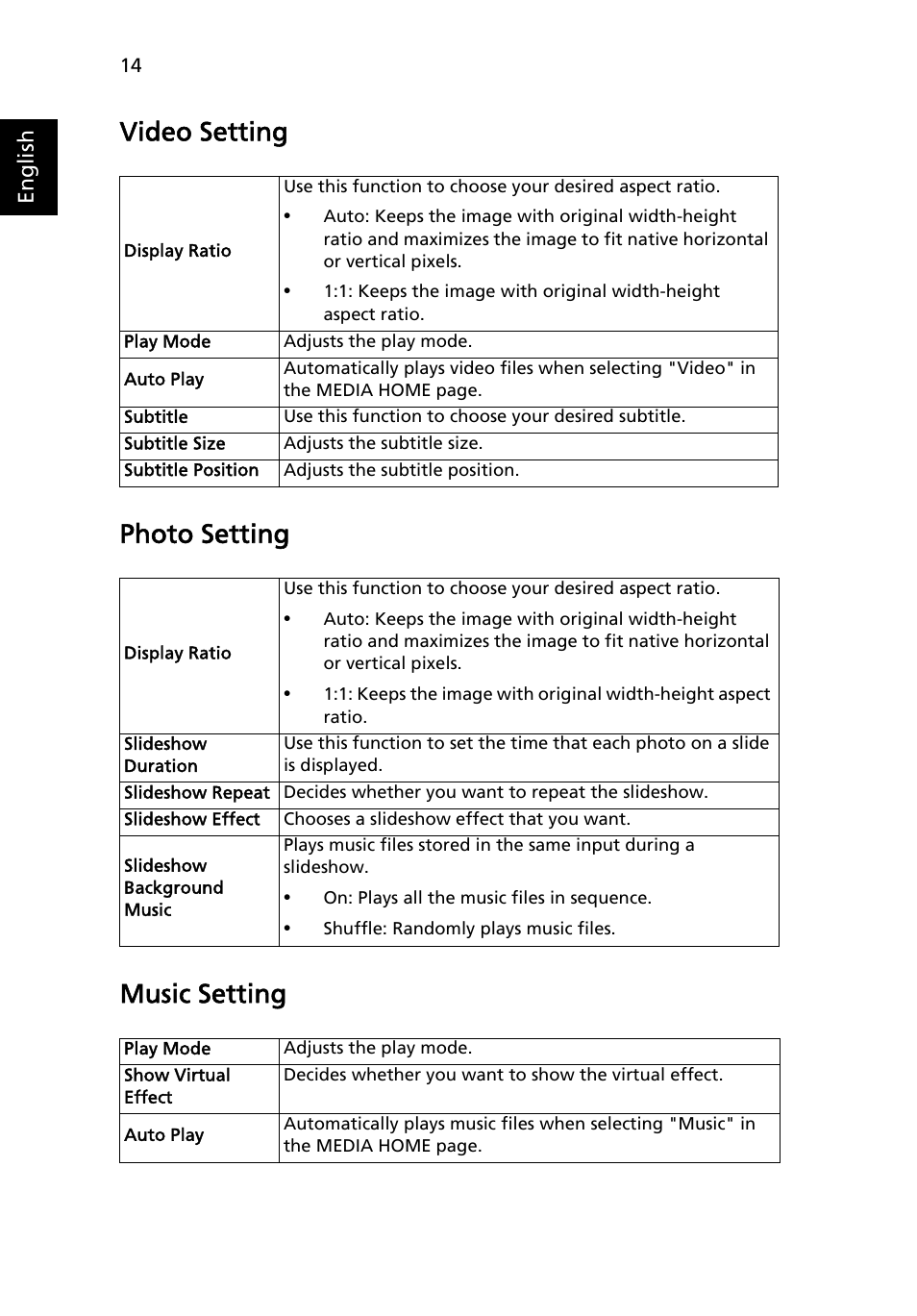 Video setting, Photo setting, Music setting | Video setting photo setting music setting | Acer P1373WB User Manual | Page 14 / 58