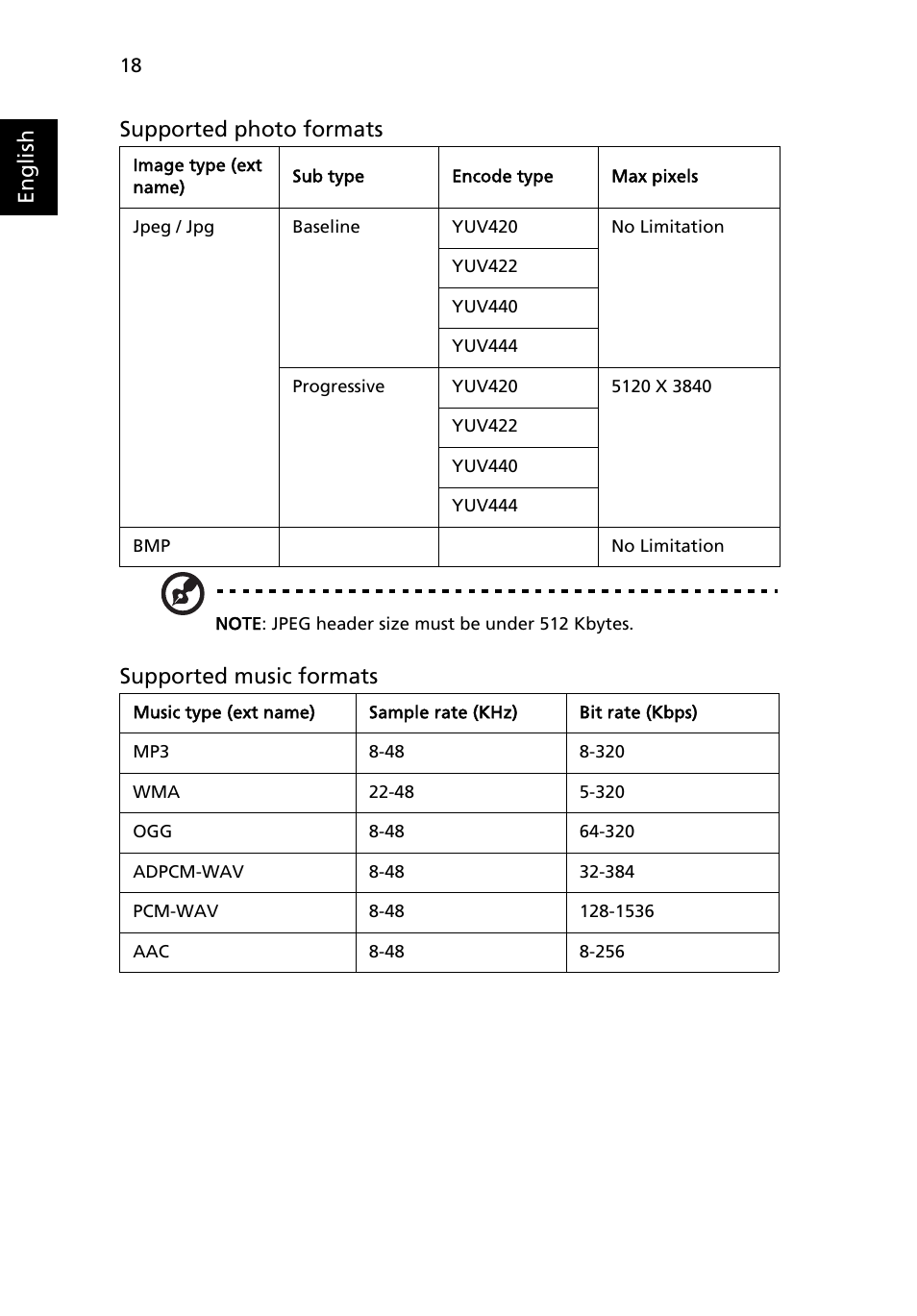 English supported photo formats, Supported music formats | Acer P1373WB User Manual | Page 18 / 58