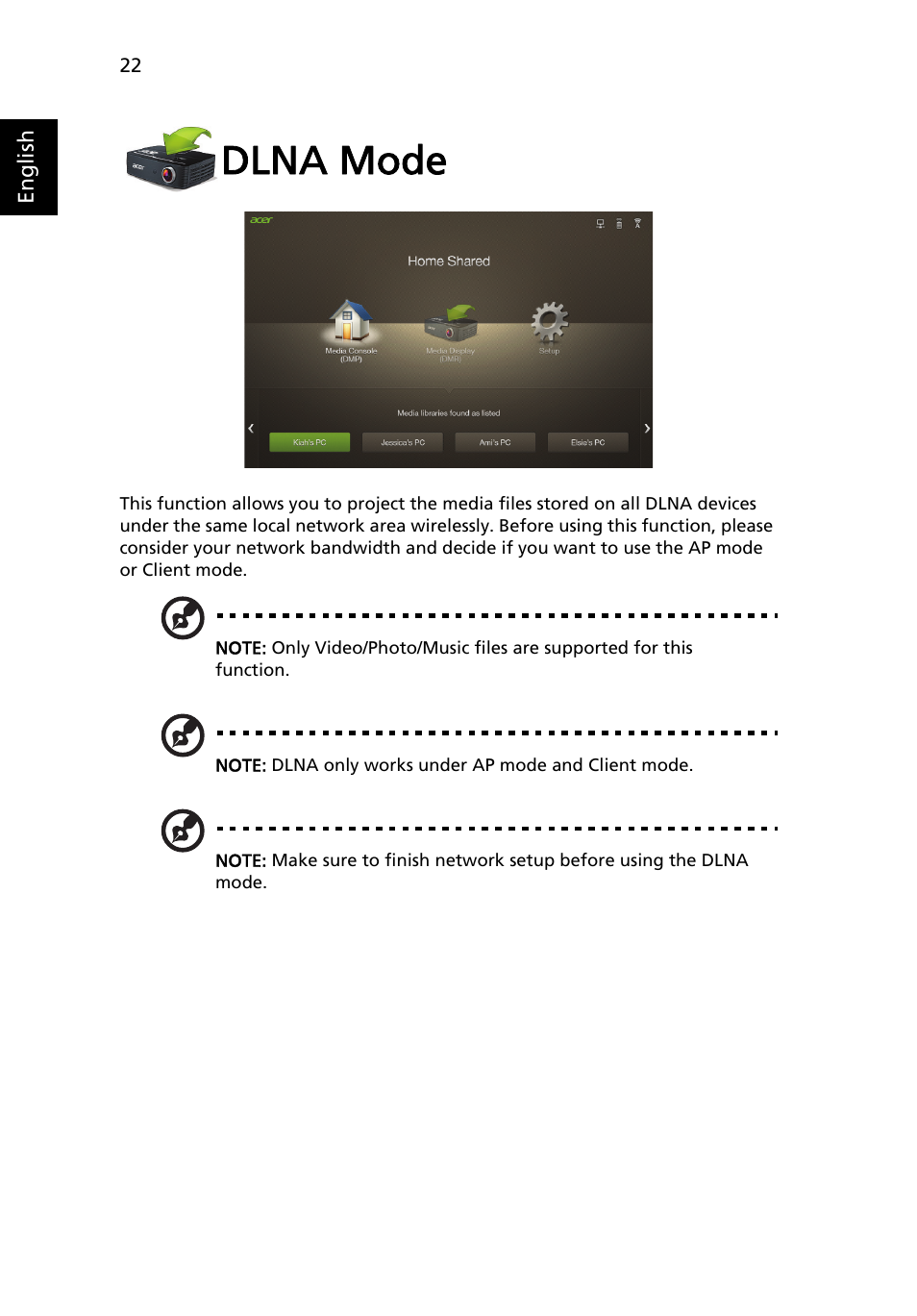 Dlna mode | Acer P1373WB User Manual | Page 22 / 58