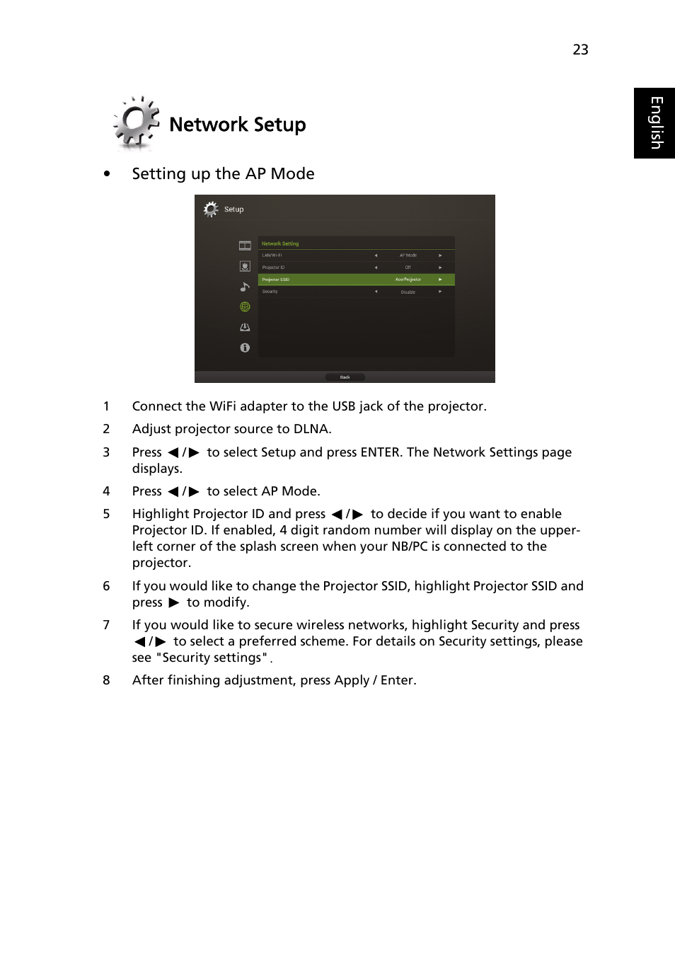 Network setup | Acer P1373WB User Manual | Page 23 / 58