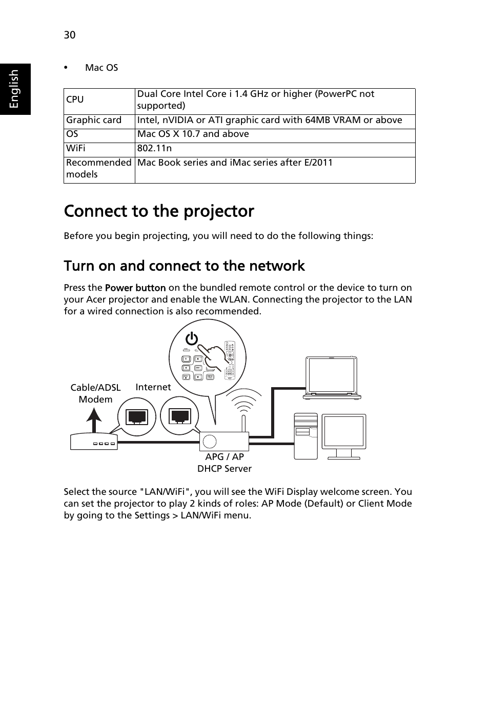 Connect to the projector, Turn on and connect to the network | Acer P1373WB User Manual | Page 30 / 58