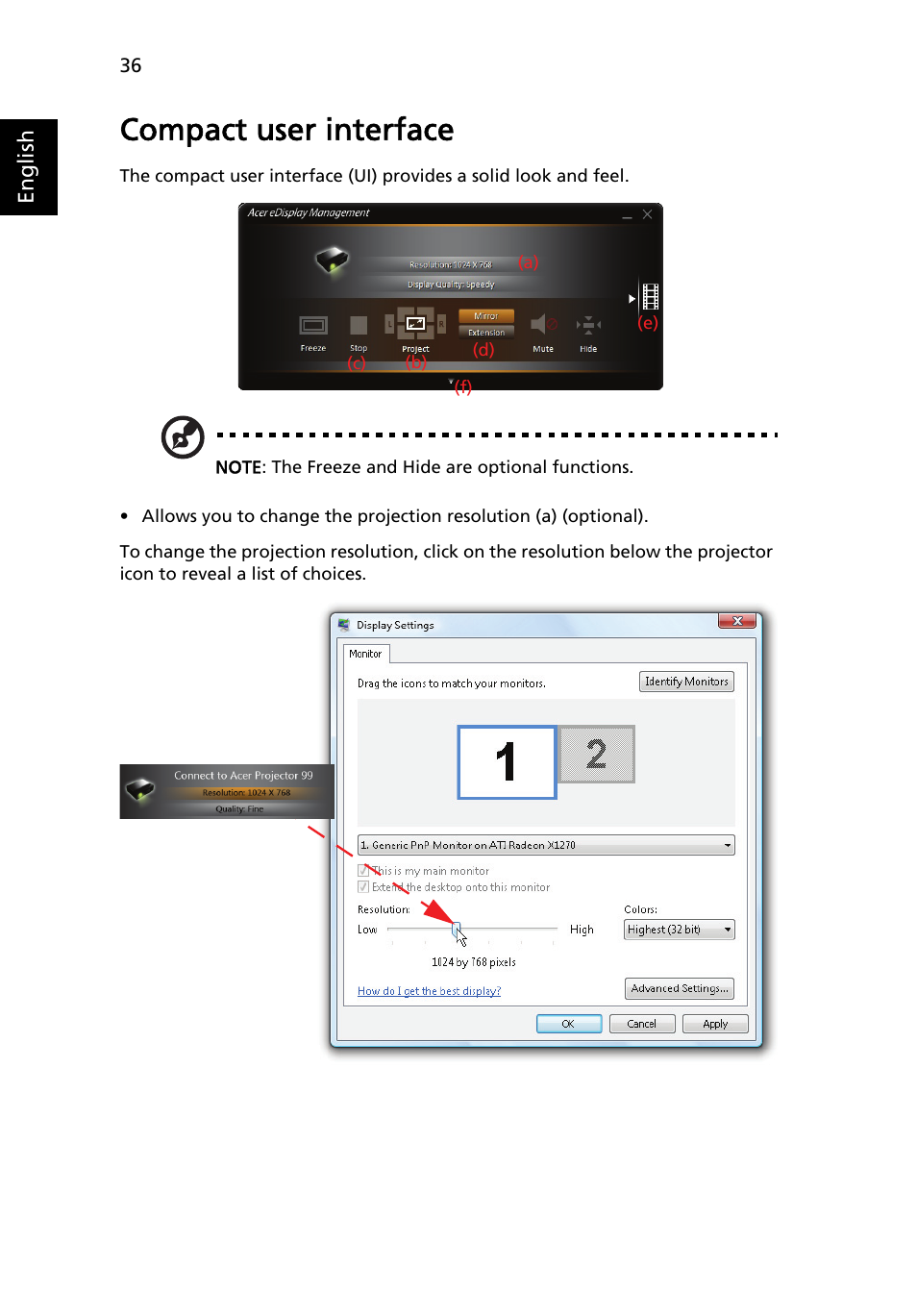 Compact user interface | Acer P1373WB User Manual | Page 36 / 58