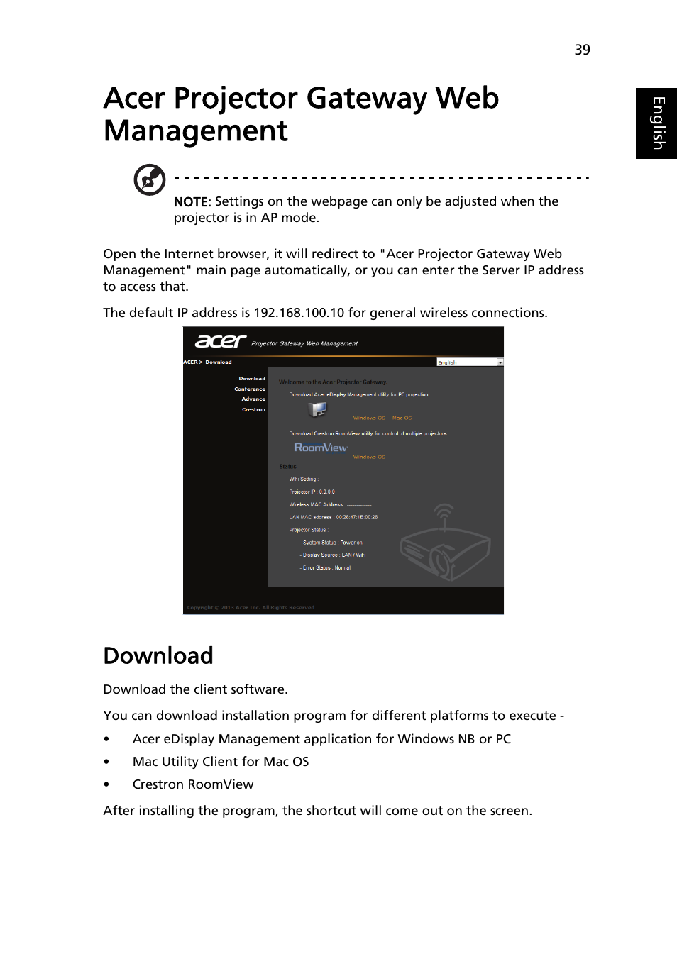 Acer projector gateway web management, Download | Acer P1373WB User Manual | Page 39 / 58