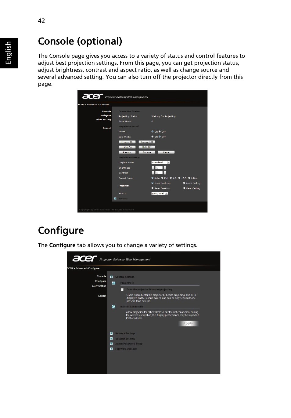 Console (optional), Configure | Acer P1373WB User Manual | Page 42 / 58