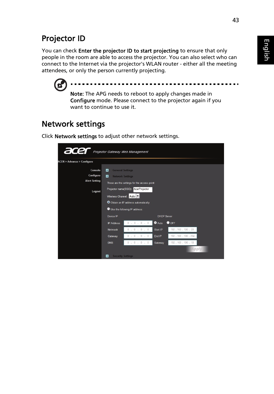 Projector id, Network settings, Ease see "projector id | Please see "network settings, Ease see "network settings | Acer P1373WB User Manual | Page 43 / 58