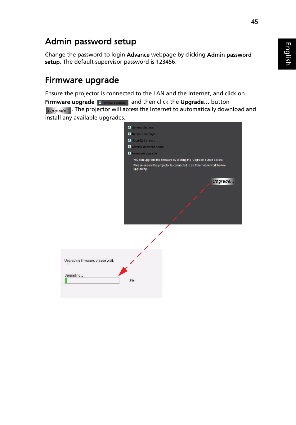 Admin password setup, Firmware upgrade | Acer P1373WB User Manual | Page 45 / 58