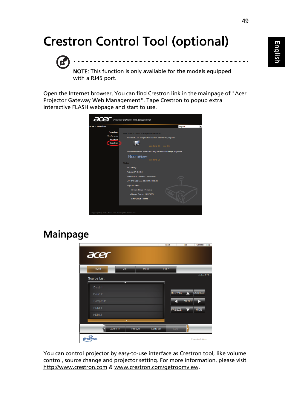 Crestron control tool (optional), Mainpage | Acer P1373WB User Manual | Page 49 / 58