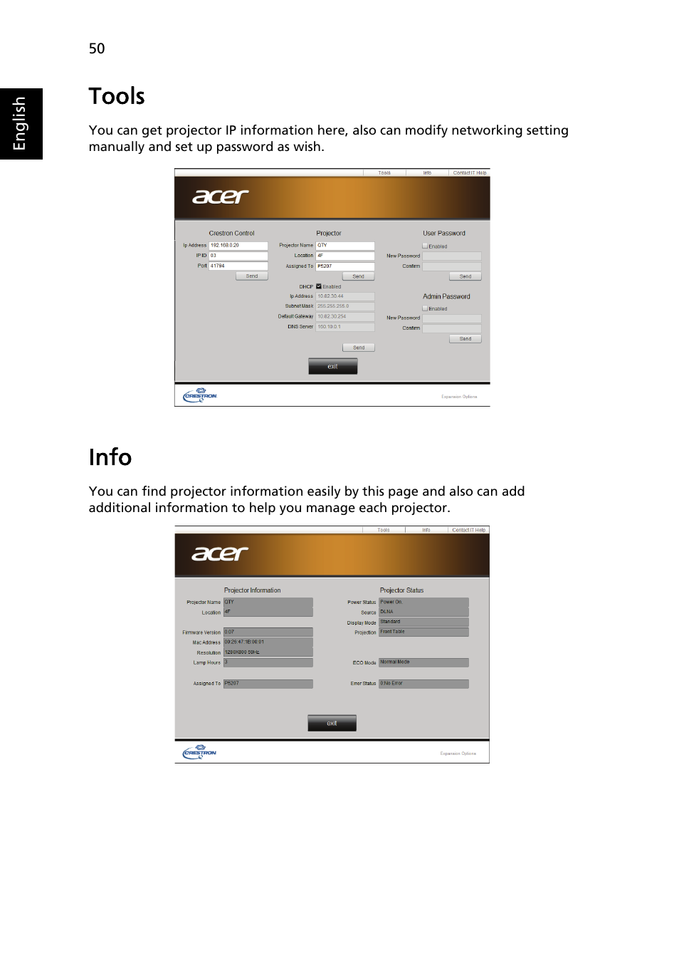 Tools, Info | Acer P1373WB User Manual | Page 50 / 58