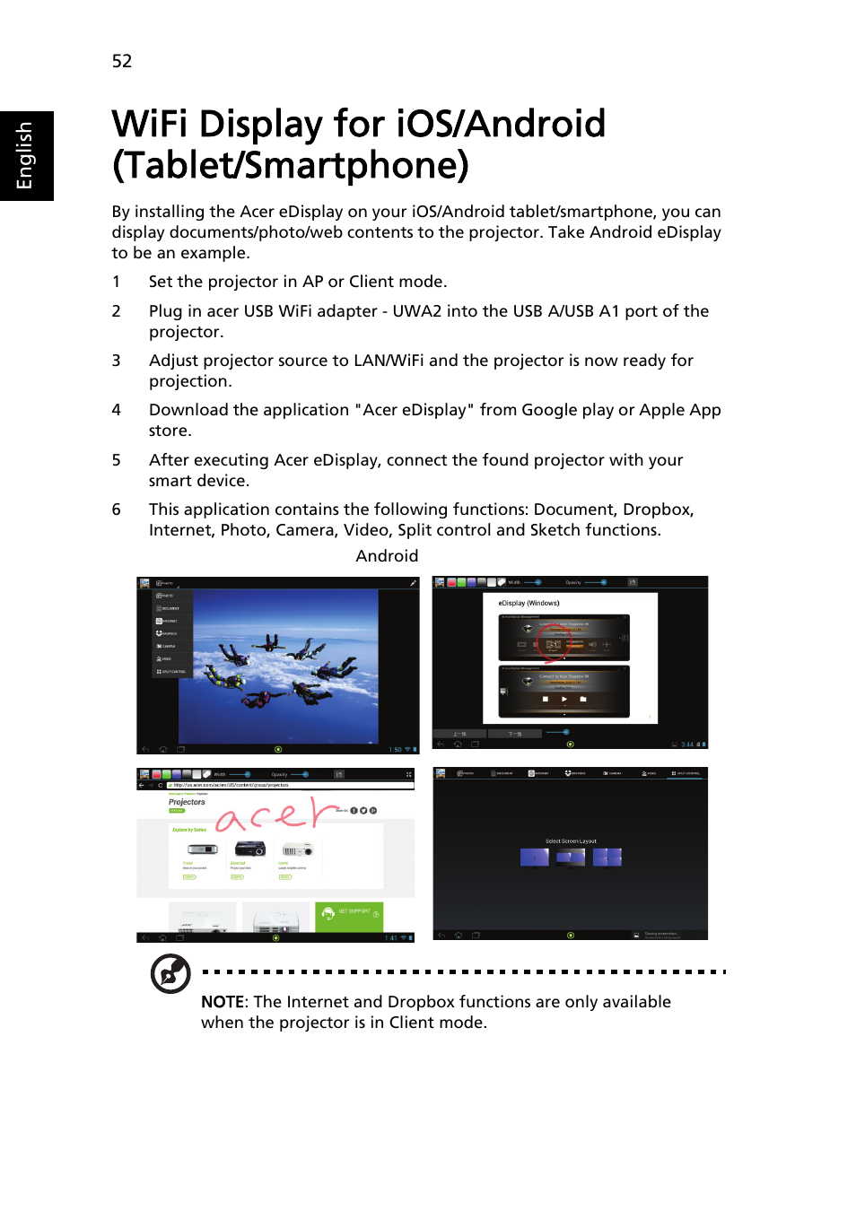 Wifi display for ios/android (tablet/smartphone) | Acer P1373WB User Manual | Page 52 / 58