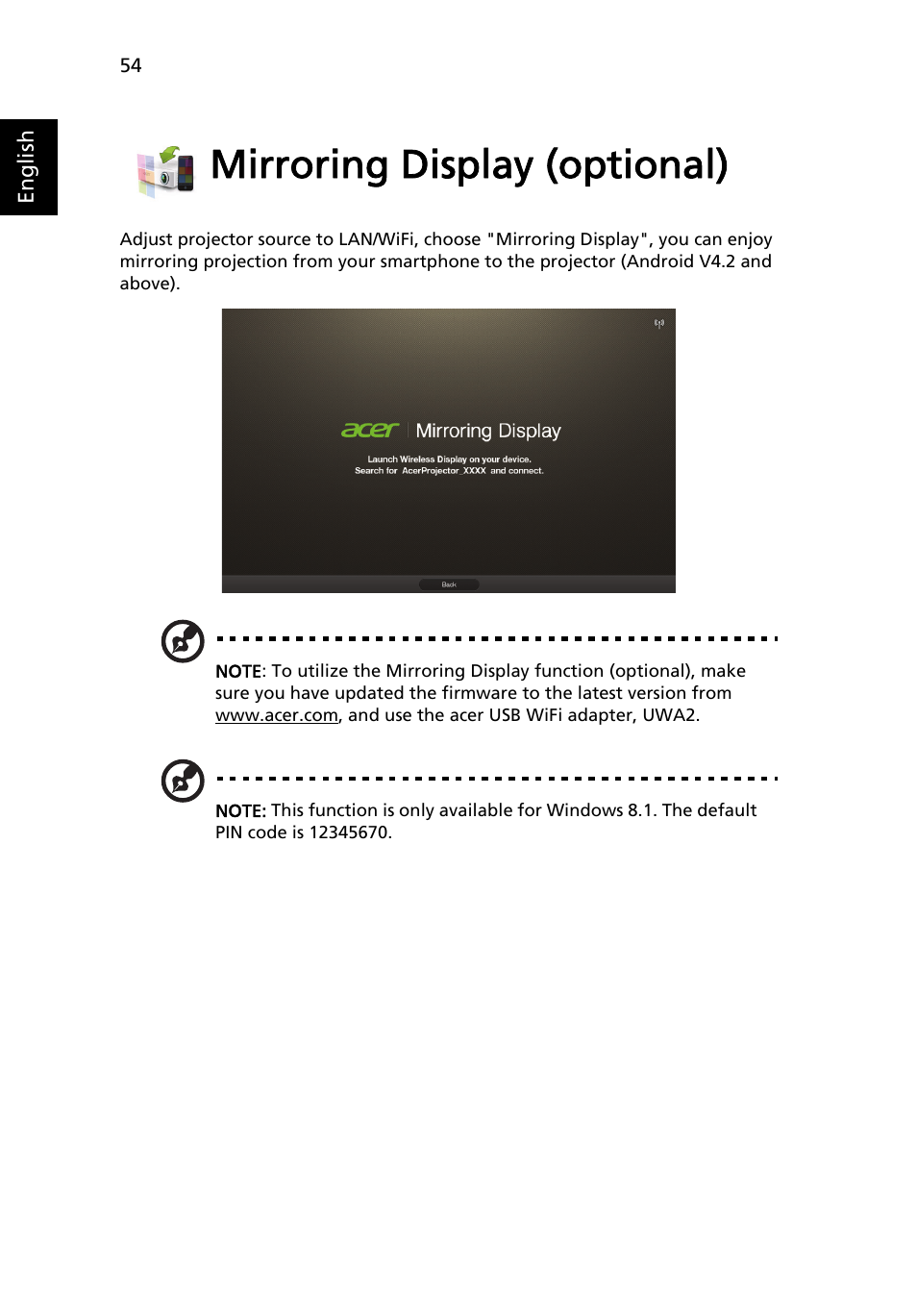 Mirroring display (optional) | Acer P1373WB User Manual | Page 54 / 58