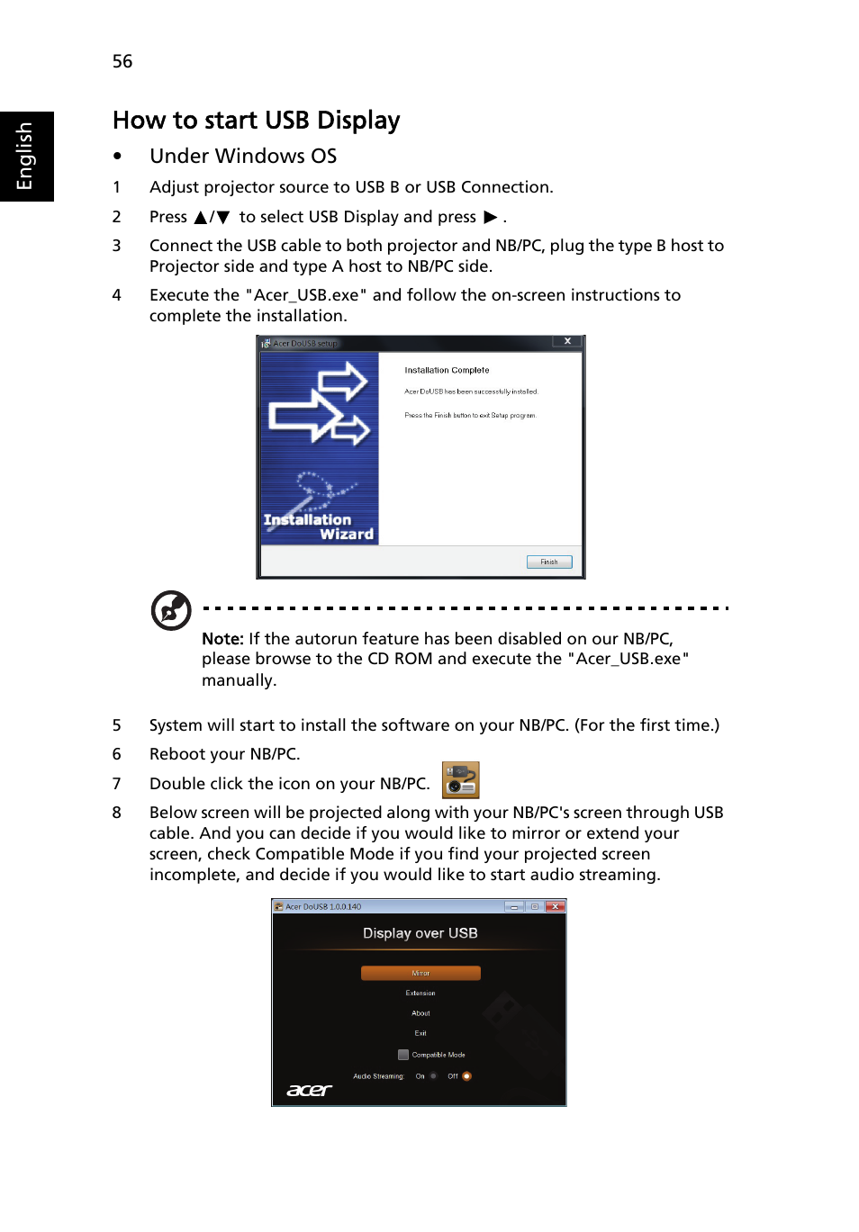 How to start usb display | Acer P1373WB User Manual | Page 56 / 58