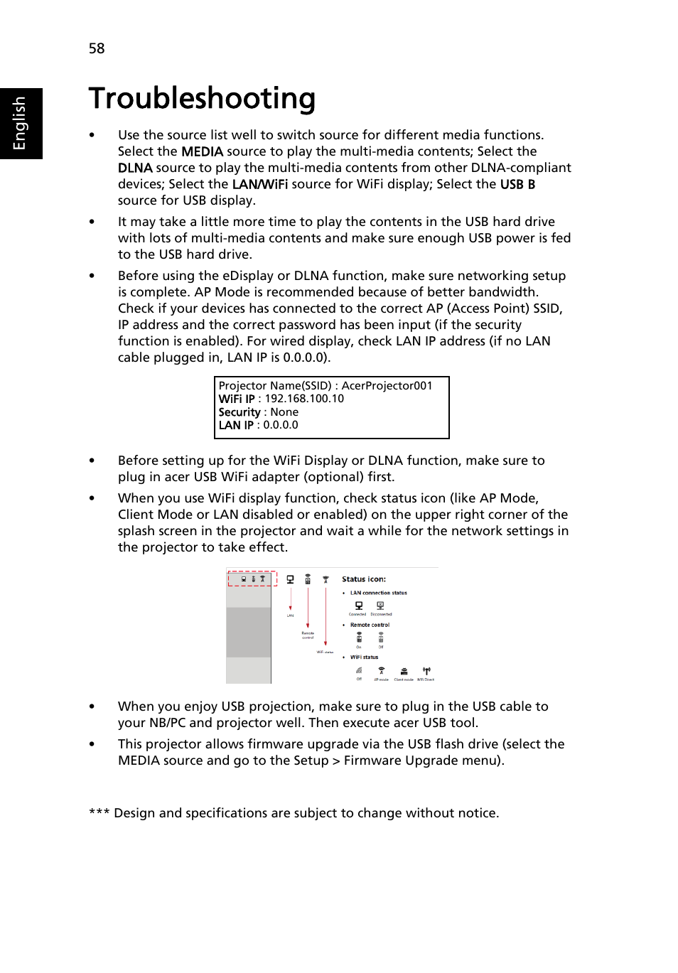 Troubleshooting | Acer P1373WB User Manual | Page 58 / 58