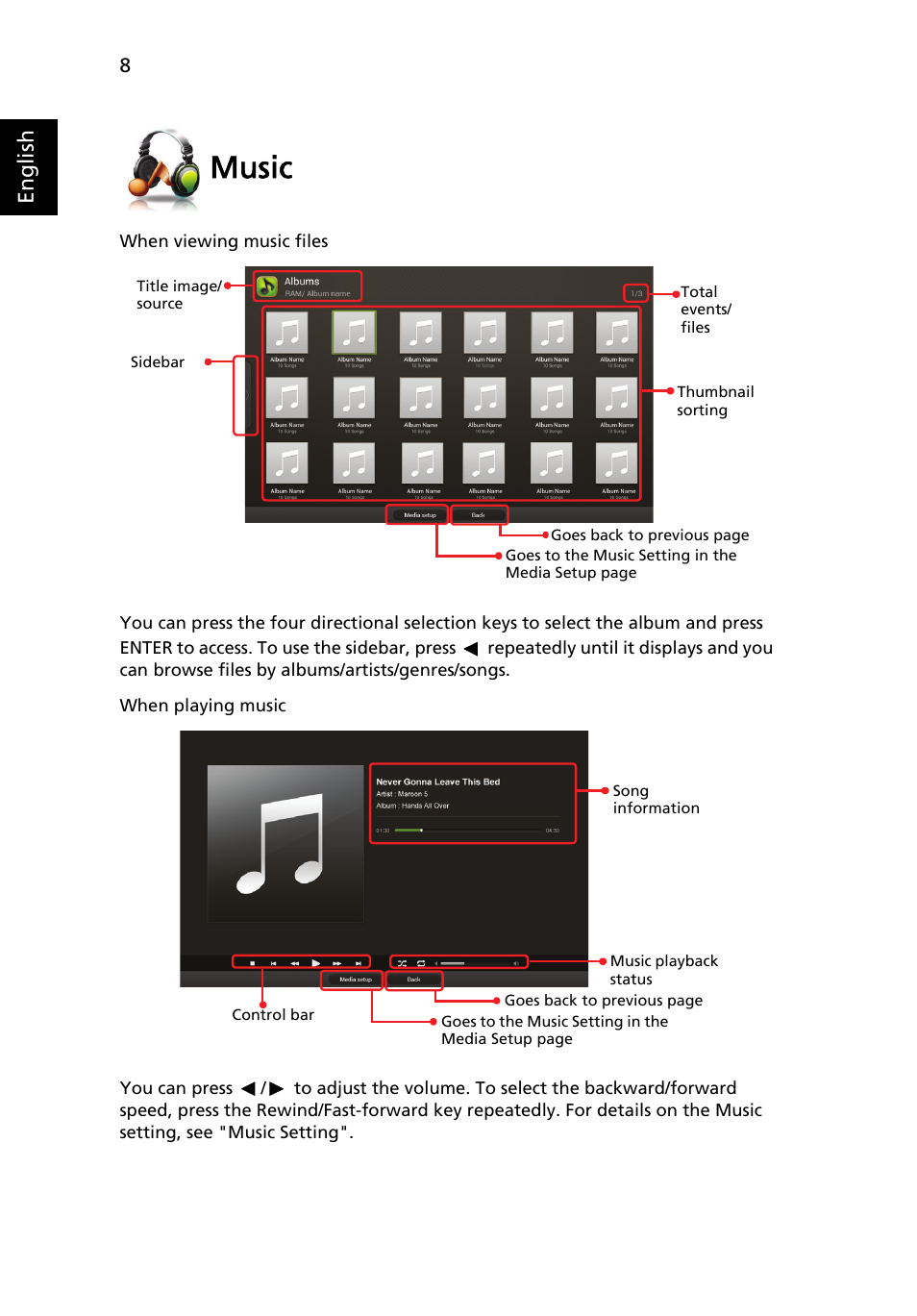 Music, English | Acer P1373WB User Manual | Page 8 / 58